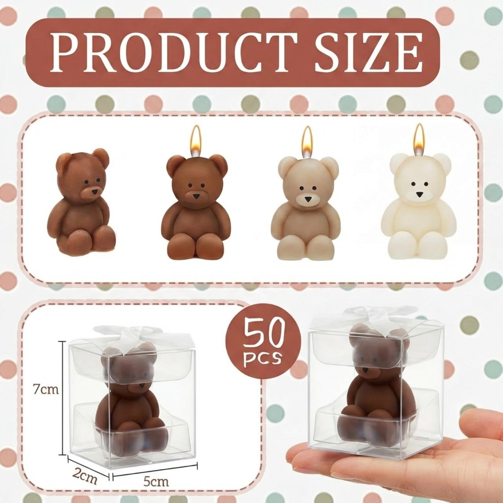 50 szt. świec z niedźwiedziem na baby shower, upominki na przyjęcie z niedźwiedziem gościnnym, świece na baby shower, luzem na prezent, dekoracje imprezowe (jasna kawa, białe)