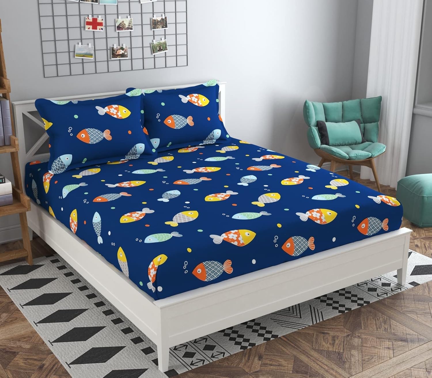 Cute Fish Double Bed Sheet for Queen Size Bed with 2 Pillow Covers for Kids Bedroom 240 TC Made with Pure Microfiber, Color Blue and Yellow (90x90 inches)