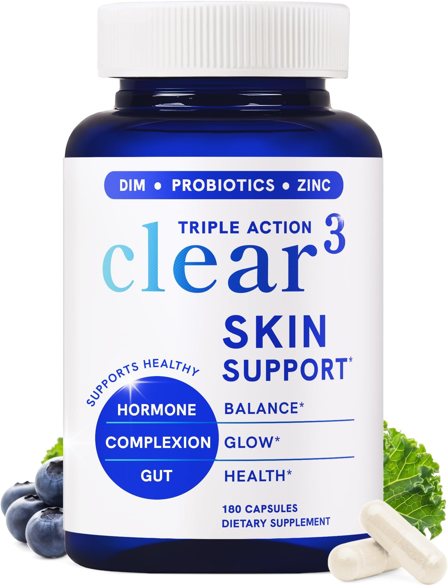 Clear Skin Supplement with Zinc, DIM & Probiotics | Doctor-Formulated | 3-in-1 Hormone, Gut & Complexion Support | Triple Action Hyaluronic Acid & Vitamins for Skin Balance & Glow Support | 180 Ct