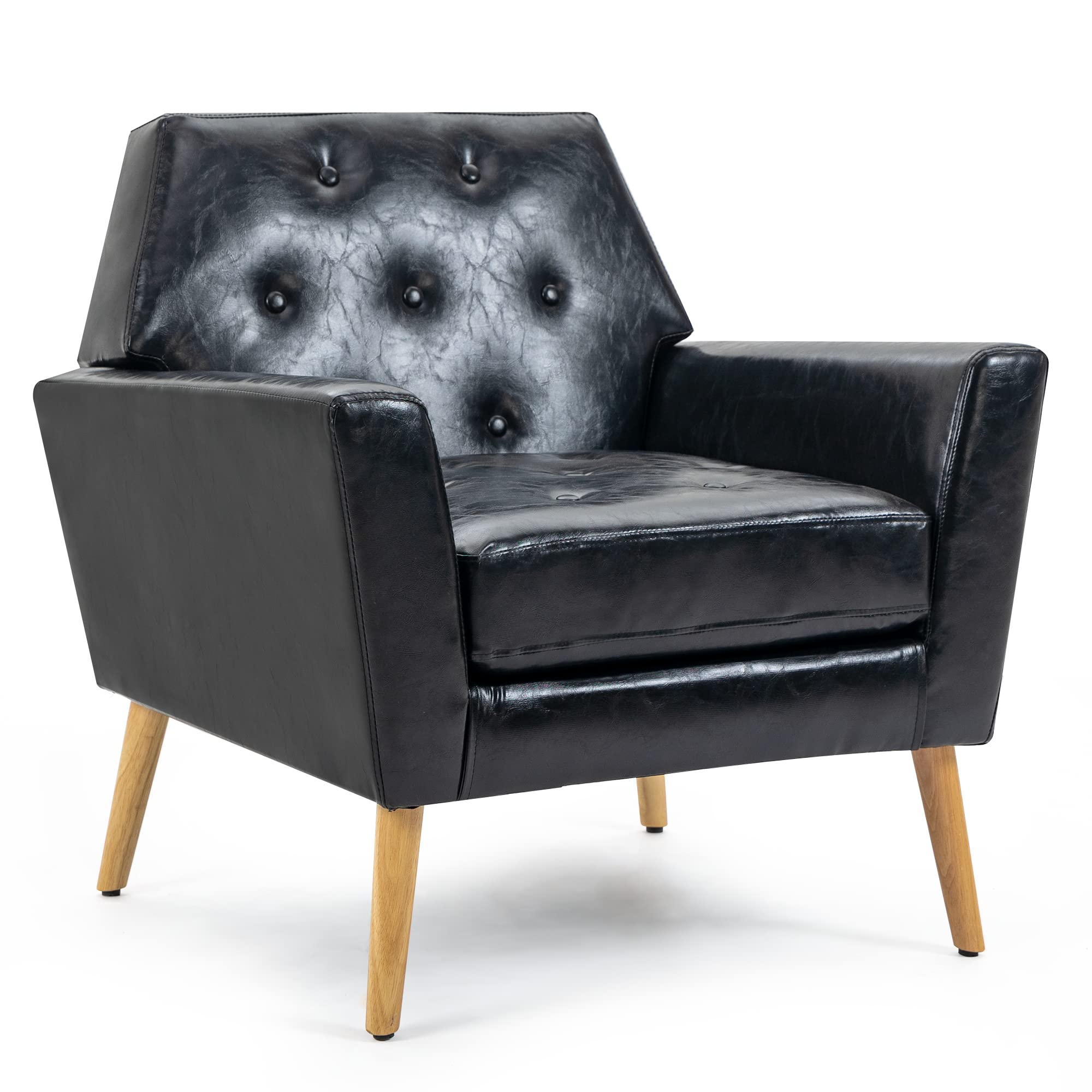 AVAWING Leather Accent Chair for Living Room, Mid Century Modern Accent Chair with Arms, Comfy Reading Chair with Button-Tufted, Upholstered Single Sofa Chair for Office, Bedroom, Black