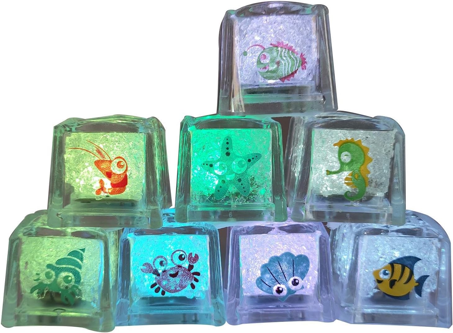 8 Pack Bathtub Light Up Cube - Light Up Ice Cubes, LightUps Bath Cubes Toys, Babys LightUps Sensory Toy, Led Multicolor Bath GlowCubes With Sea Pattern For Kids, Family, Friends, Home