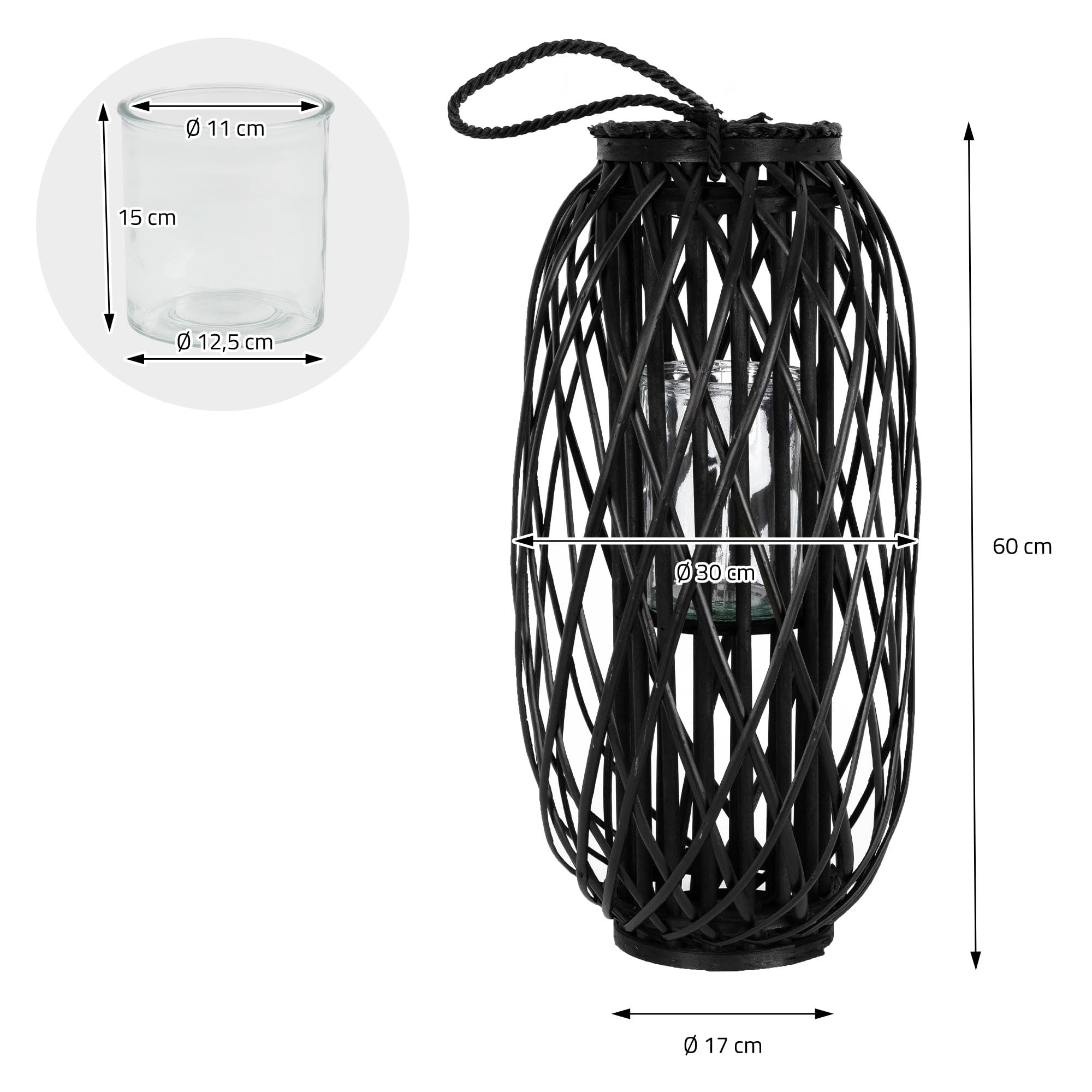 ECD Germany Linterna Estilo Ratán Portavelas 60 x Ø 27 cm Negro con Aspecto de Mimbre de Caña Natural Tejido Trenzado Robusto Luz de Vela Decorativa Farola para Mesa en Terraza Salón Jardín