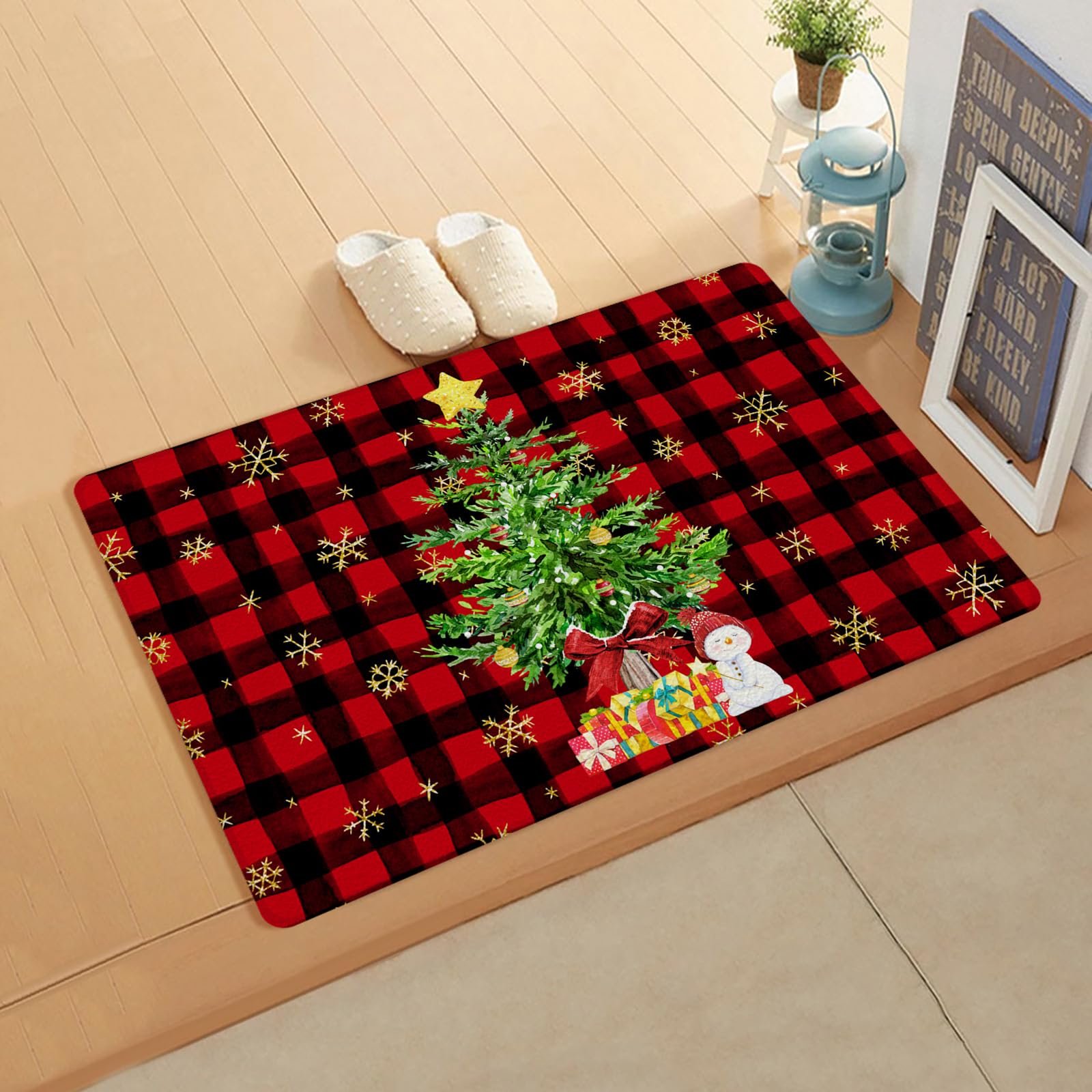 Christmas Tree Kitchen Bath Door Mat Cushioned Runner Rug,Washable Welcome Floor Sink Antifatigue Mat,Waterproof & Non-Slip Comfort Standing Doormat,Snowman Golden Snowflake Plaid Red 18