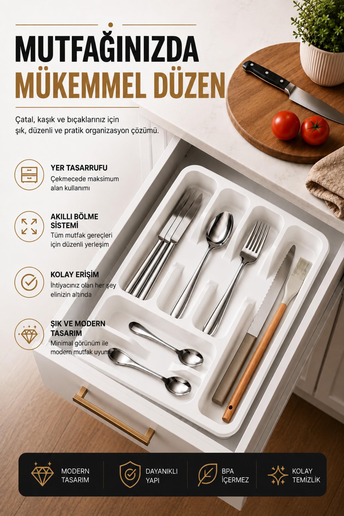 Sas Haus 6 Bölmeli Çekmece İçi Kaşıklık, Plastik Çatal Bıçak Organizeri, Mutfak Düzenleyici Beyaz S-11003