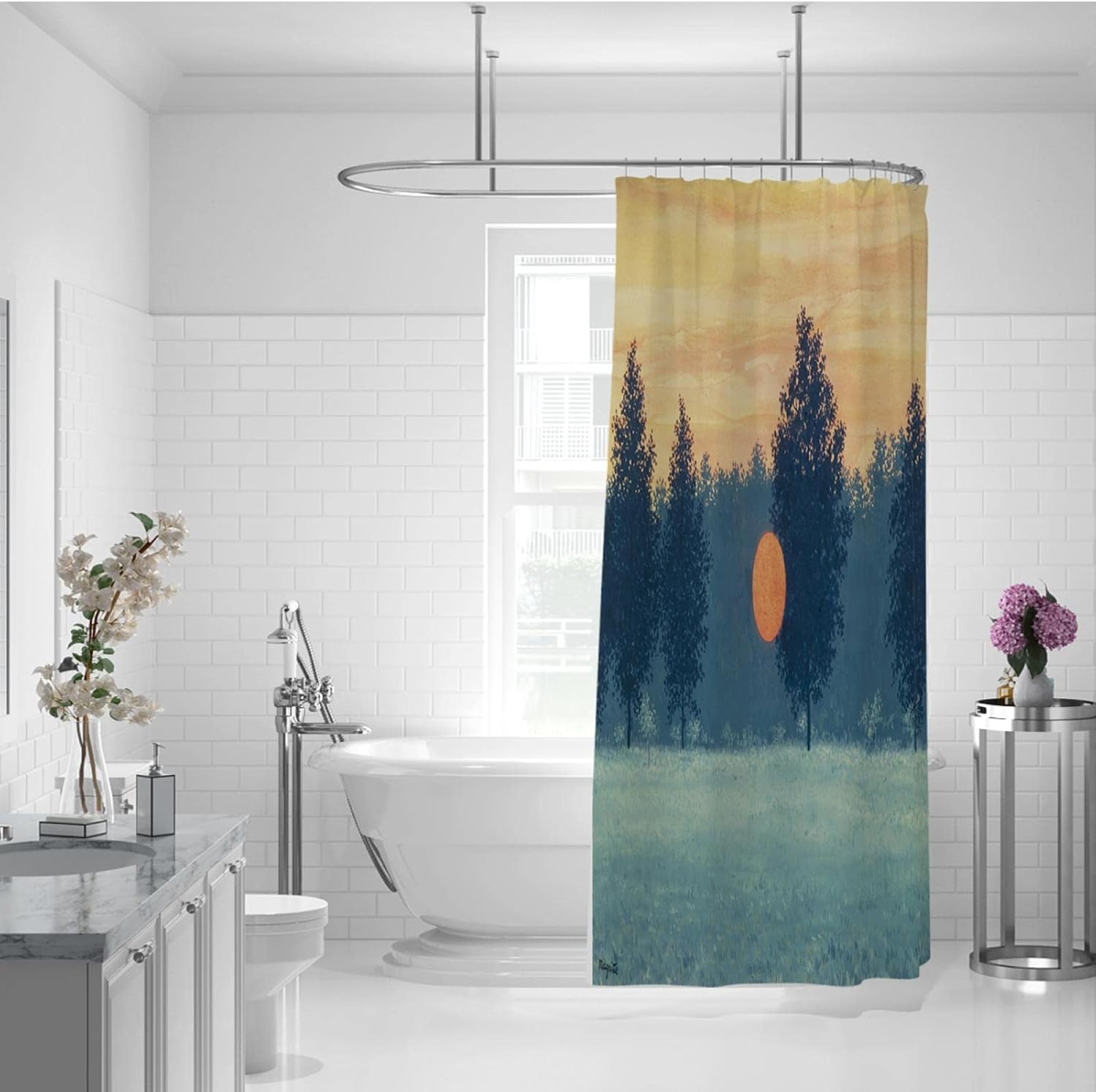 Magritte Surrealist Shower Curtain Forest Sunset Shower Curtain Liner Home Clean Bathroom Decor Waterproof Shower Curtain Set with Hooks W78 x L78(in)