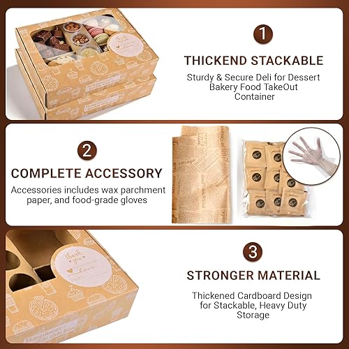 Vista 4 de Caja de pastelería marrón a prueba de grasa, juego de 12 unidades, caja de postre de cartón grueso de 24 puntos con ventana, bandejas de catering