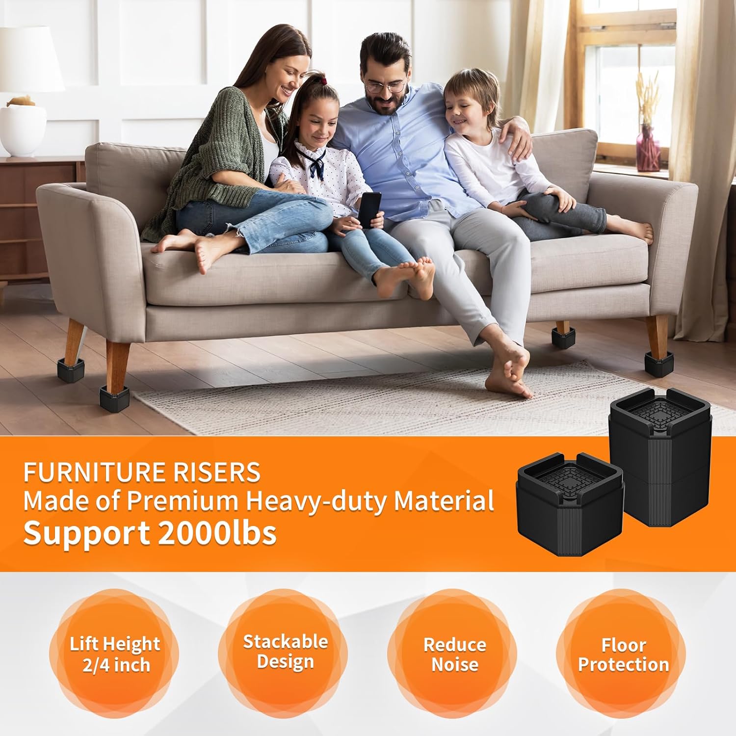 8 Pack Furniture Risers Adjustable Bed Risers Lift 2, 4, 5.9 Inch, Desk Leg Risers Square Heavy Duty Table Risers Stackale Couch Risers for Bed, Sofa, Desk, Dresser, Couch Supports up to 2000 Lbs