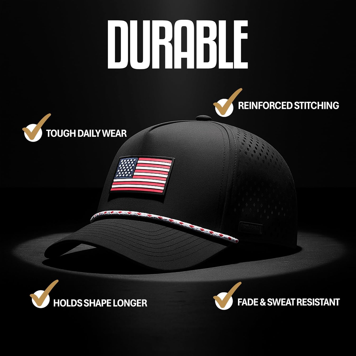 Curves & Clubs American Flag Golf Hat – Black Performance Rope Cap – Patriotic USA Golf Hat – Adjustable, Breathable