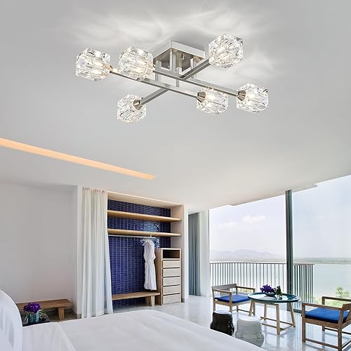Miniatura 8 de XINGQI Lámpara de techo semiempotrada de 6 luces, moderna lámpara Sputnik de níquel cepillado, accesorios de iluminación para comedor, sala de