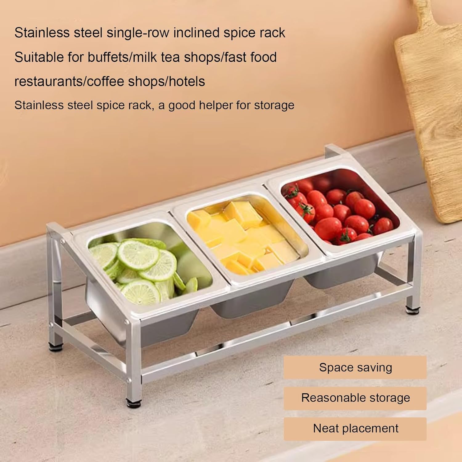Stainless Steel Spice Rack Set, Commercial Kitchen Condiment Organizer, Inclined Countertop Seasoning Shelf for Sauces, Salads & Jams (33.5x21x18cm)