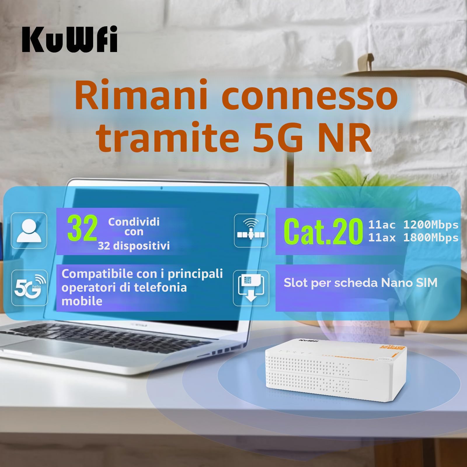 KuWFi 5G Router WiFi Con SIM, 4G/5G SA/NSA Router WiFi6, AX3600 Modem 5G SIM supporta fino a 4,6 Gbps, batteria 4000Mah, 6 antenne interne, cellulare Wireless Support fino a 32 dispositiv(Senza eSIM)