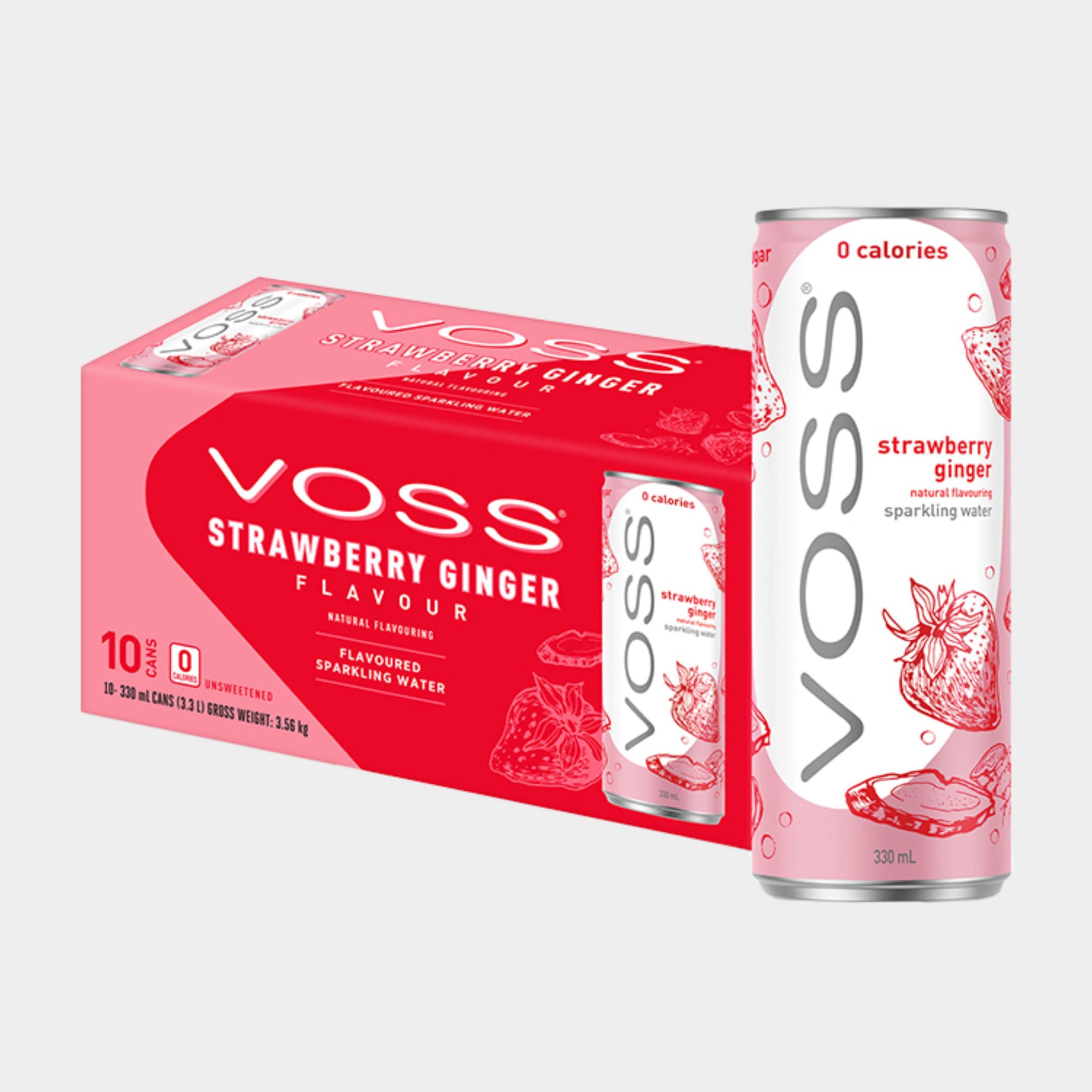 VOSS Flavoured Sparkling Water | Zero Sugar Drink | Zero Calorie | Naturally Sourced Water | 10x 330ml Multipack (Strawberry Ginger)