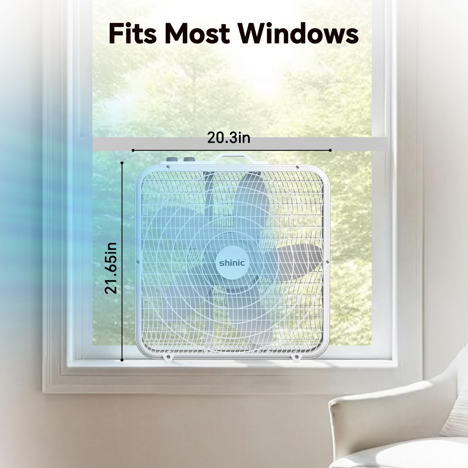shinic 50,8 cm Kastenventilator mit Thermostat, 3-Gang-Metallrahmen, Fensterboxventilator mit Tragegriff und rutschfesten Füßen, automatische Temperaturregelung, Kühlventilator für Schlafzimmer