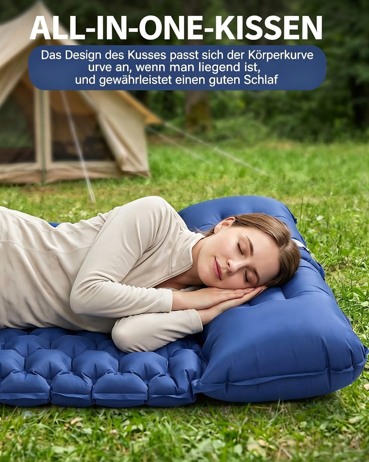 Isomatte Camping für 2 Personen, Verdicktes Aufblasbare Luftmatratze mit Fußpumpe & Kissen, 40D-Nylon Wasserdicht Camping Matratze Aufblasbar, für Reise, Outdoor, Kleines Packmaß, 200 x 125cm(Blau)
