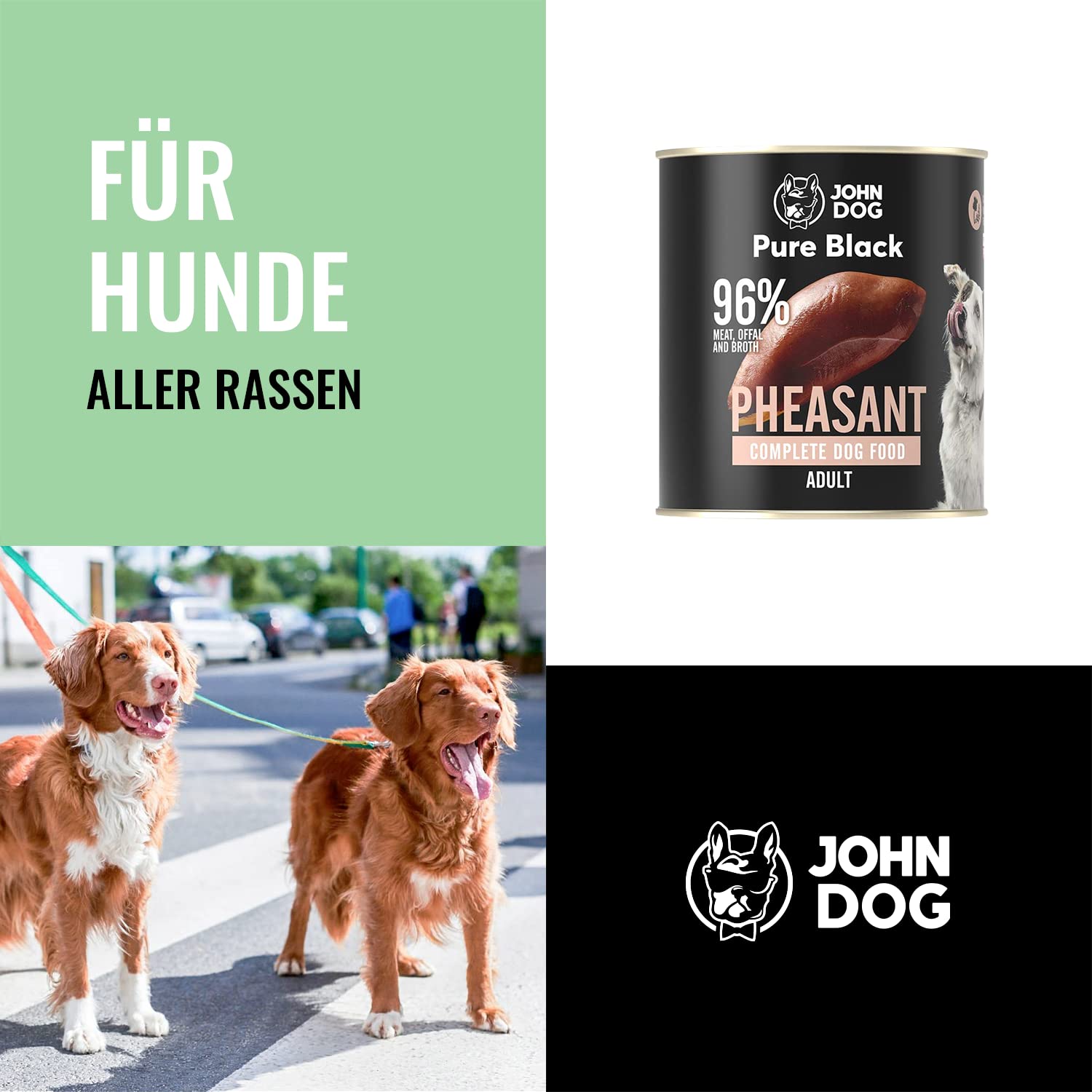 JOHN DOG Pure Black Fasan Lot de 6 boîtes de 800 g de nourriture humide pour chiens adultes sans céréales avec 96 % de viande