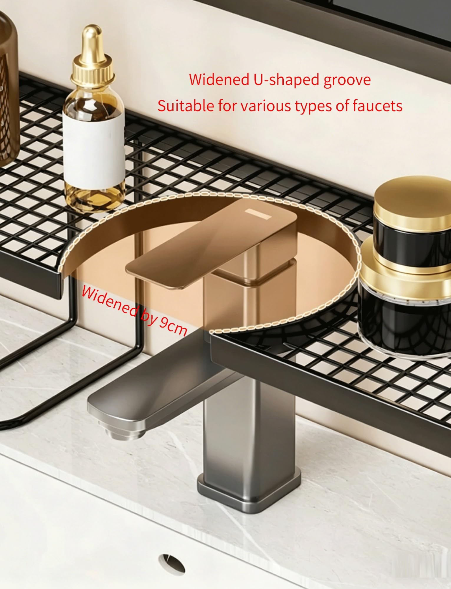 Generico Mensola for lavabo montata a parete sopra il rubinetto, cestello for mensola portaoggetti montato a parete senza foratura, scaffale for rubinetto rimovibile, for bagno(Black,60cm/23.4in)
