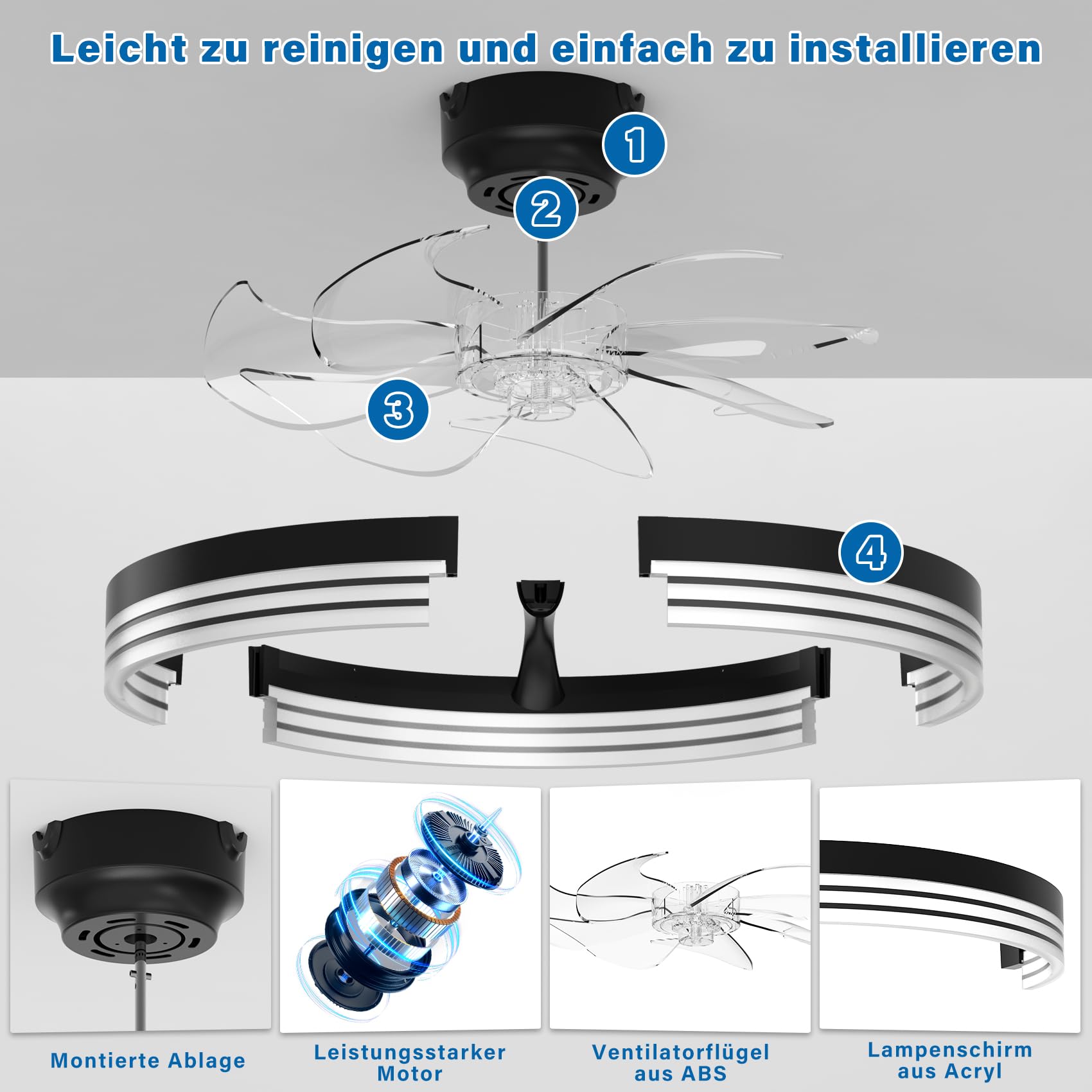 Moderner LED Deckenventilator mit Beleuchtung und Fernbedienung, 50cm, 6 Geschwindigkeiten dimmbar 3000-6500K, leise, Schwarz
