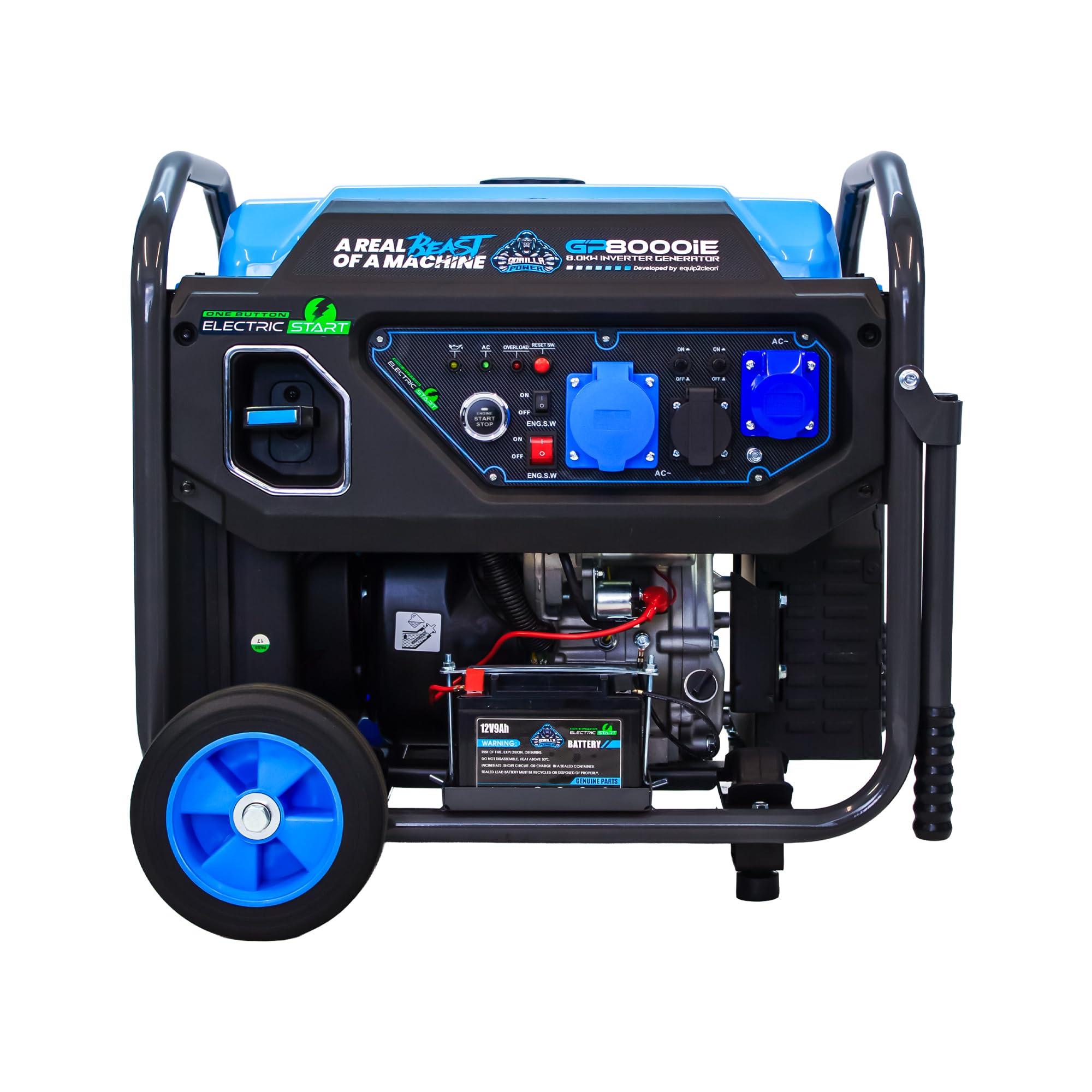 Equip2clean Black, Blue Gorilla Power 8000W Open Frame Inverter Generator | Wireless Remote & Electric Start | Fuel-Efficient Petrol-Powered Generator For Home, Outdoor & Jobsite Use | Portable & Electric