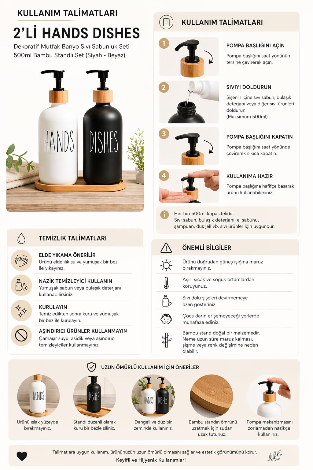 2’li Hands Dishes Siyah Beyaz Cam Sıvı Sabunluk Seti 500 ml, Bambu Standlı Dekoratif Mutfak & Banyo Sabunluk Dispenser Seti Şık Modern Tasarım