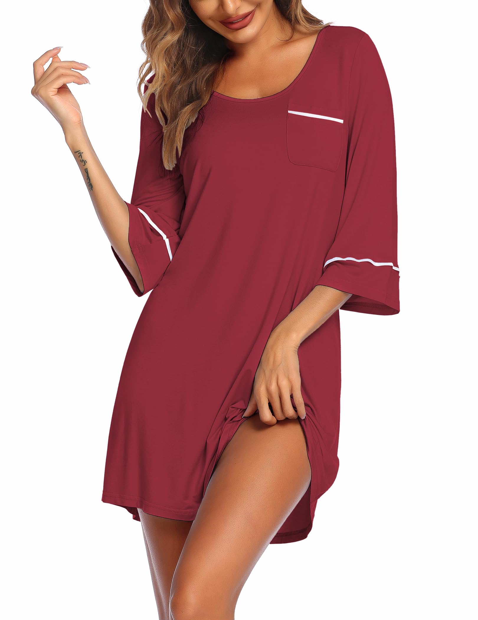 Ekouaer Women Nightgown Night Dress 3/4 Sleeve Night Shirt Round Neck Sleepshirt with Chest Pocket
