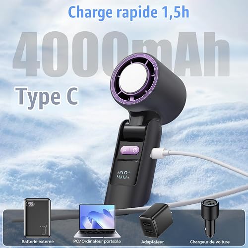 HUAJUN Ventilateur Portable à Main,Mini Ventilateur Turbo Réglable en Vitesse(de 1 à 100),Batterie de 4000mAh avec Corps en Métal,Affichage Numérique,pour Maison, le Bureau,Voyage,Extérieur - 3