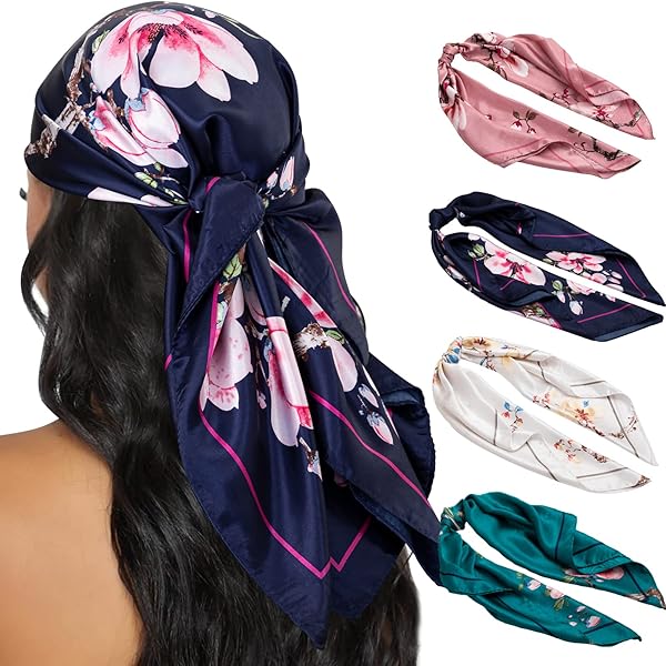 HBselect 4PCS Head Scarf for Women 35” Head Scarves Silk Like Satin Neck Scarfs Square Bandana Hair Wraps Scarf for Sleeping