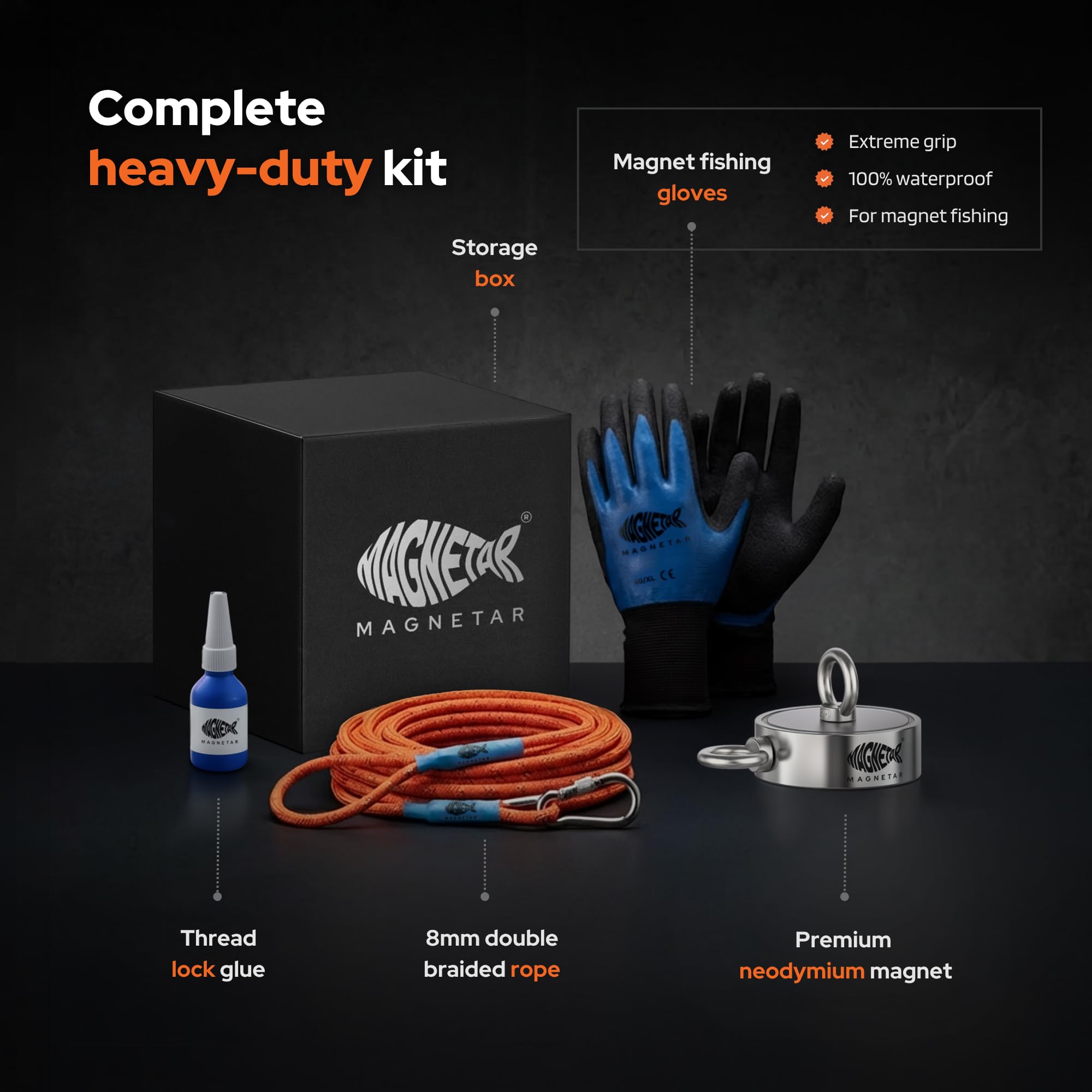 Magnetar - Magnetfischen Set - Doppelseitig 500kg Bergemagnet - Magnetangel Paket mit Doppelmagnet/Seil/Handschuhen/Kleber - Angelmagnet zum Magnet fischen