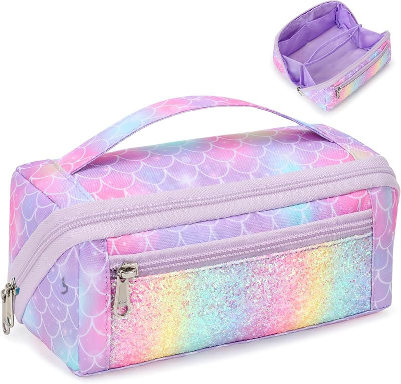 Large Pencil Case for Girls, Aesthetic Pencil Pouch for School, Wide Opening Organizer Box with Handle, Fits 50 Pens & Markers (Glitter Purple Mermaid) | Kids Pencil Case & Wide Handle, Water Resistent Organizer Box,Fits 50 Pens & Markers, Daily Use, Glitter Purple Mermaid