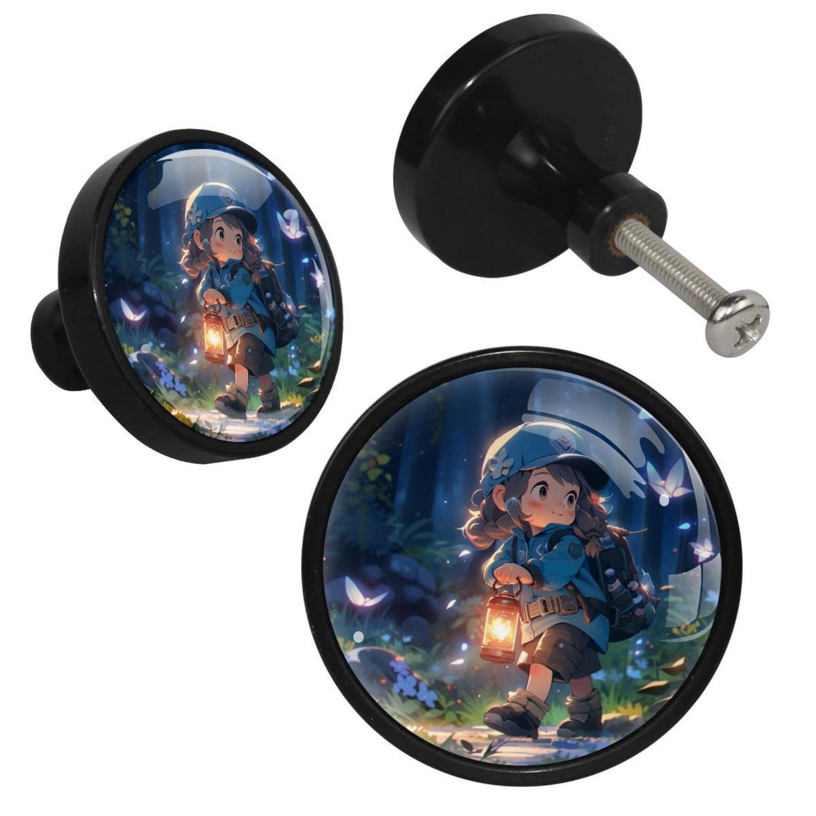 NUEAHEDN 4 PCS Adventure Girl Cabinet Knobs, Bathroom Drawer Pulls Handles, Round Dresser Knobs Door Knobs for Kitchen Cupboard Nursery Wardrobes