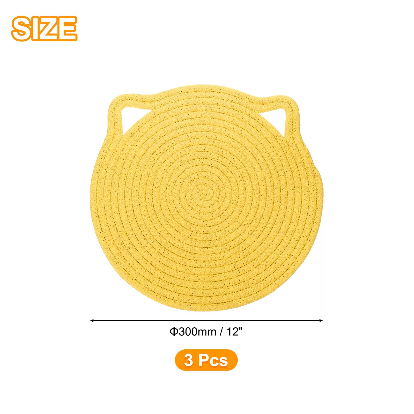 uxcell Pot Holders, 3pcs 12" - Cotton Trivets Set, Cat Ear Heat Insulation Pad, Pot Holder for Cups Plates, Hot Pots and Pans, Yellow - Image 2