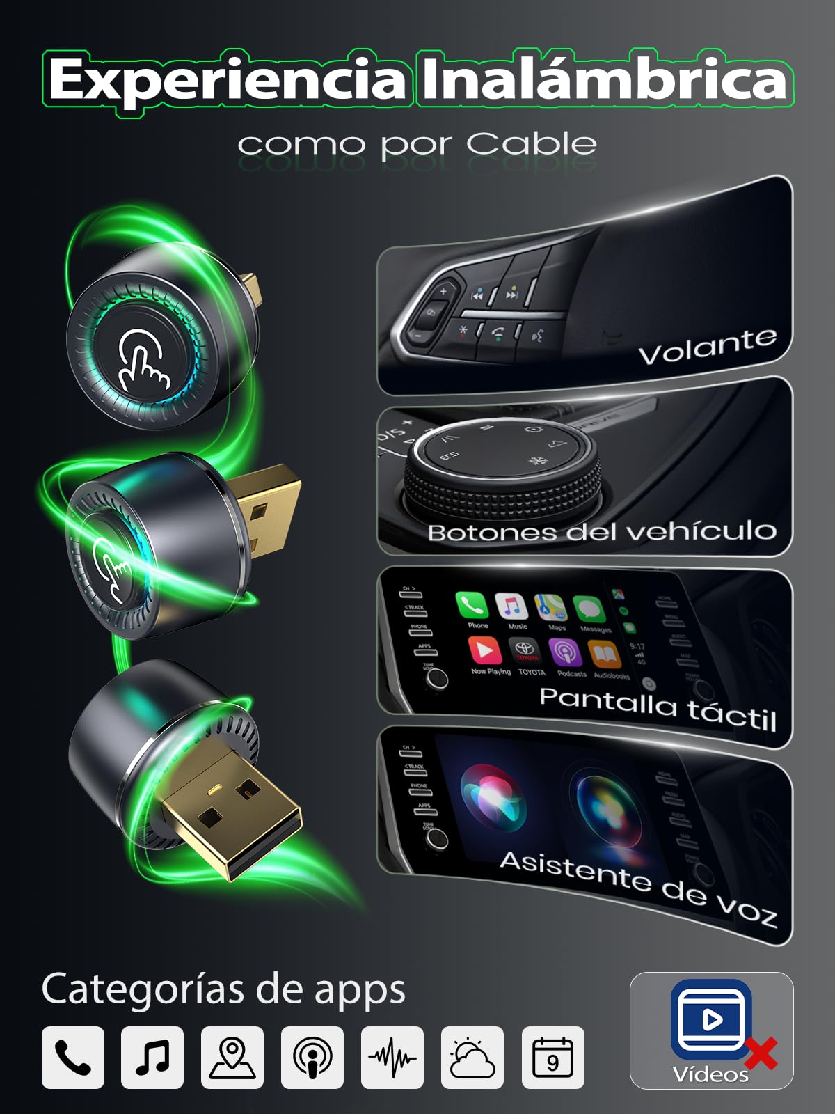 Adaptador CarPlay Inalámbrico, Cambio de Usuario con Botón, Android Auto Inalámbrico, 2026 Extra Pequeño, Conexión Estable sin Sobrecalentamiento, Compatible iOS 10+ y Android 10+, USB-A/USB-C