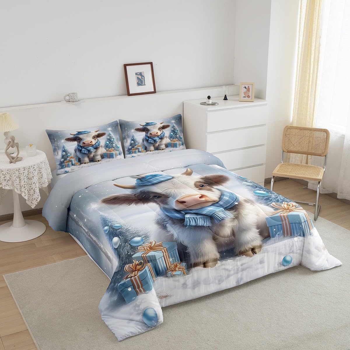 Feelyou Highland Cow Comforter Set Queen Size for Kids Boys Girls Merry Christmas Comforter Xmas Cute Animals Blue Bedding Set Room Decorations Duvet Set Quilt Set 3Pcs