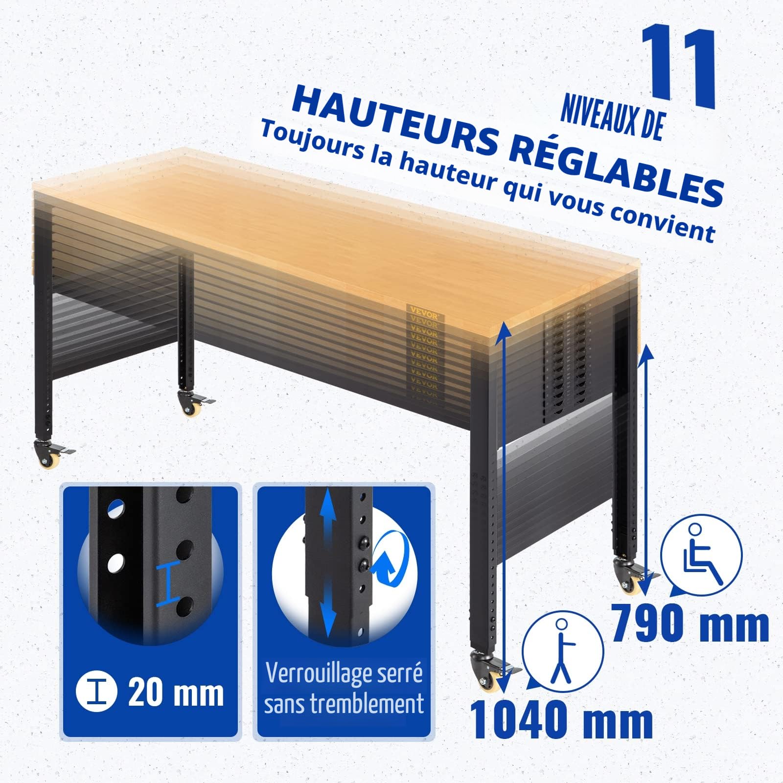 VEVOR Établi Garage Atelier 122x51x104 cm Table de Travail Hauteur Réglable 79-104 cm, avec Plateau en Bois Chêne Cadre en Acier, Établi Multifonctionnel avec 4 roulettes pour Réparation Bricolage