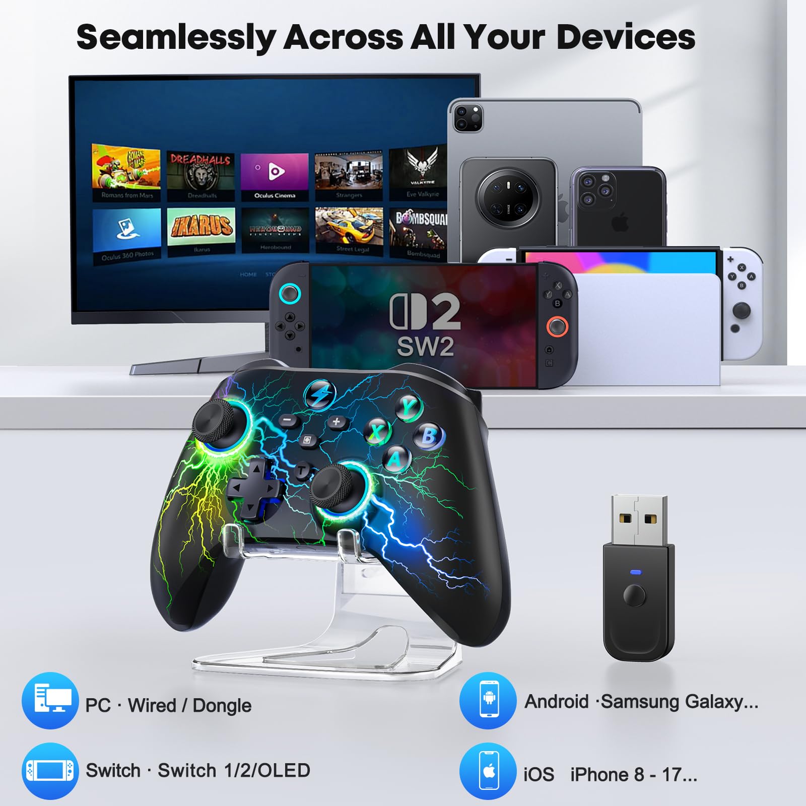 HELLCOOL Controller PC per Windows/Switch 2/Android/IOS, controller wireless per PC da 1000 mAh con frequenza di polling 2,4 G e 1000 Hz cablato, controller di gioco per PC con turbo/vibrazione/staffa