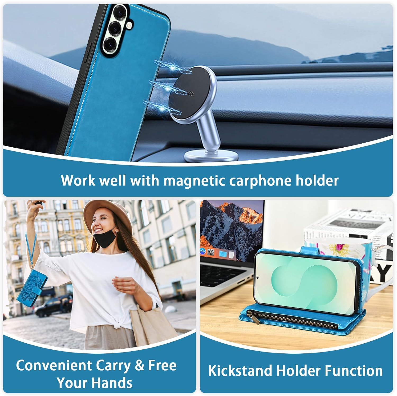 Asuwish Phone Case for Samsung Galaxy S25 Plus S25+ 5G Zipper Wallet Cell Cover with Tempered Glass Screen Protector Crossbody Strap Flower Card Holder S25Plus 25S + S 25 25+ SM-S936U Women Girls Blue