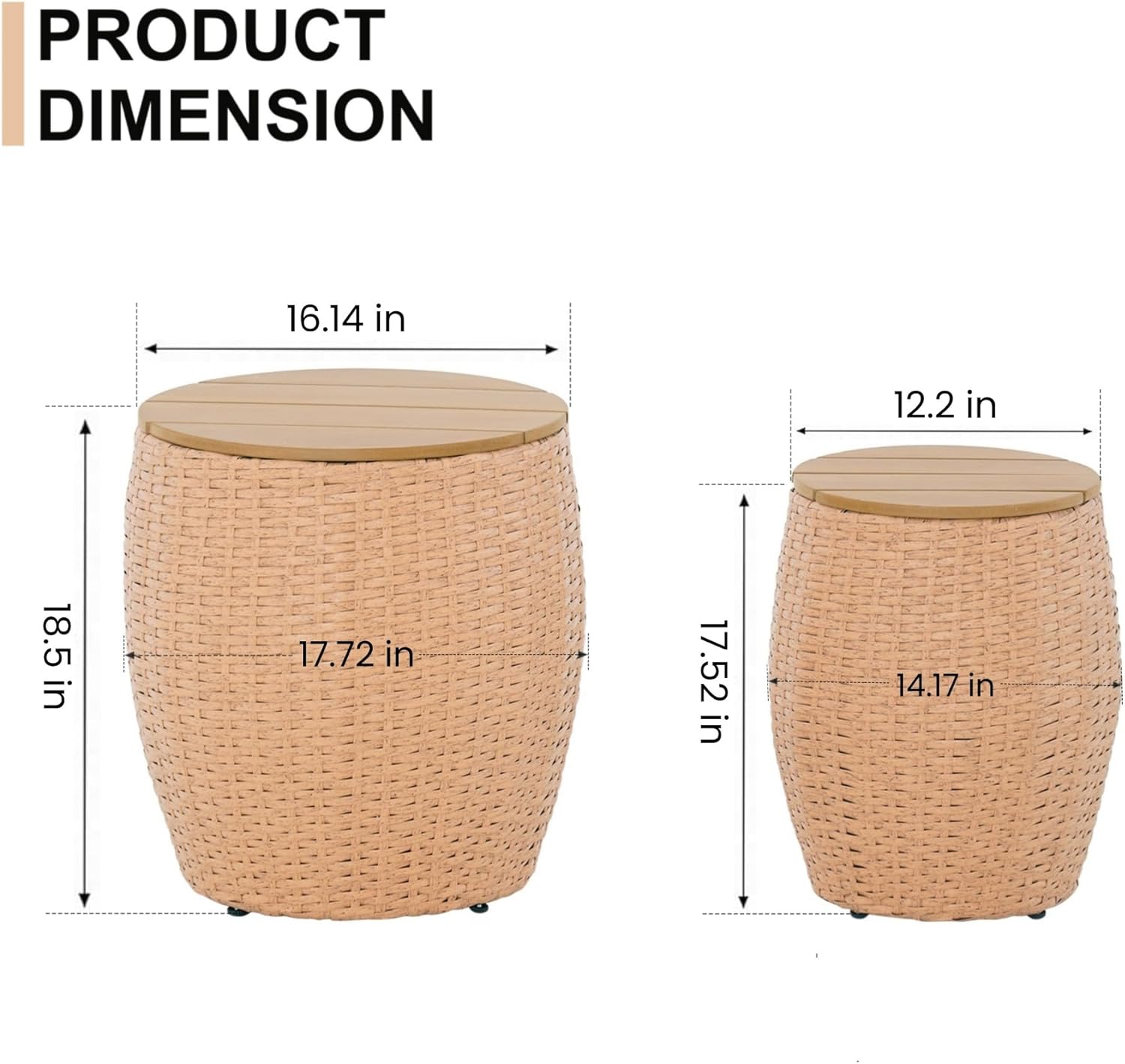 Round Side Table Set of 2, Rattan End Tables with Storage, Multifunctional Nesting Barrel Side Tables for Living Room, Bedroom