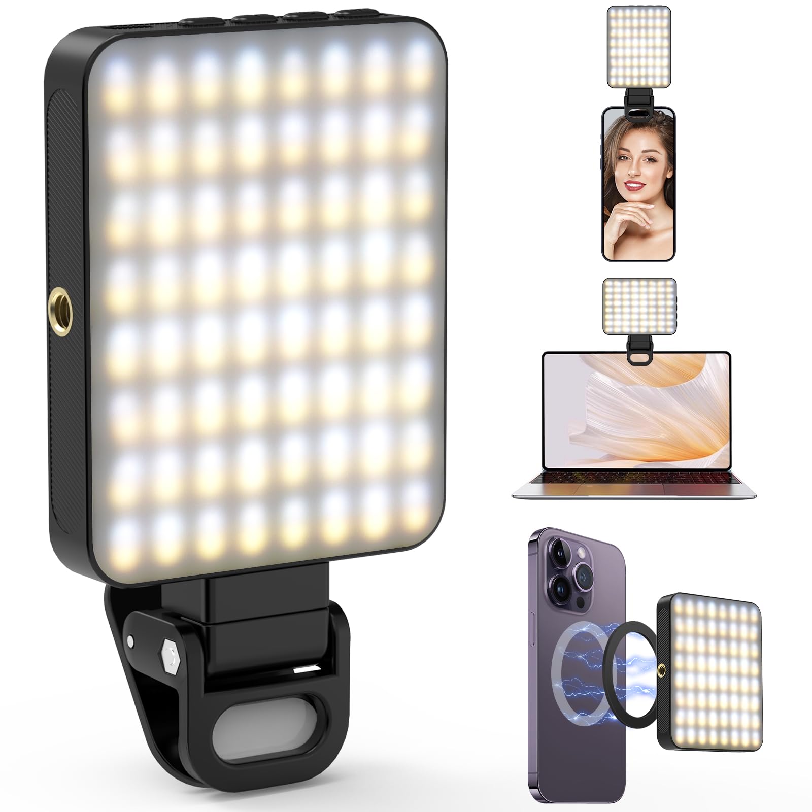 Magnetic Selfie Light, [128 LEDs] Diyife 360° Rotatable Clip on Phone Light, Video Conference Lighting, 20h Long-Lasting, 3 Lighting Modes, Camera Light for Laptop, Live Streaming, Photo, Meetings