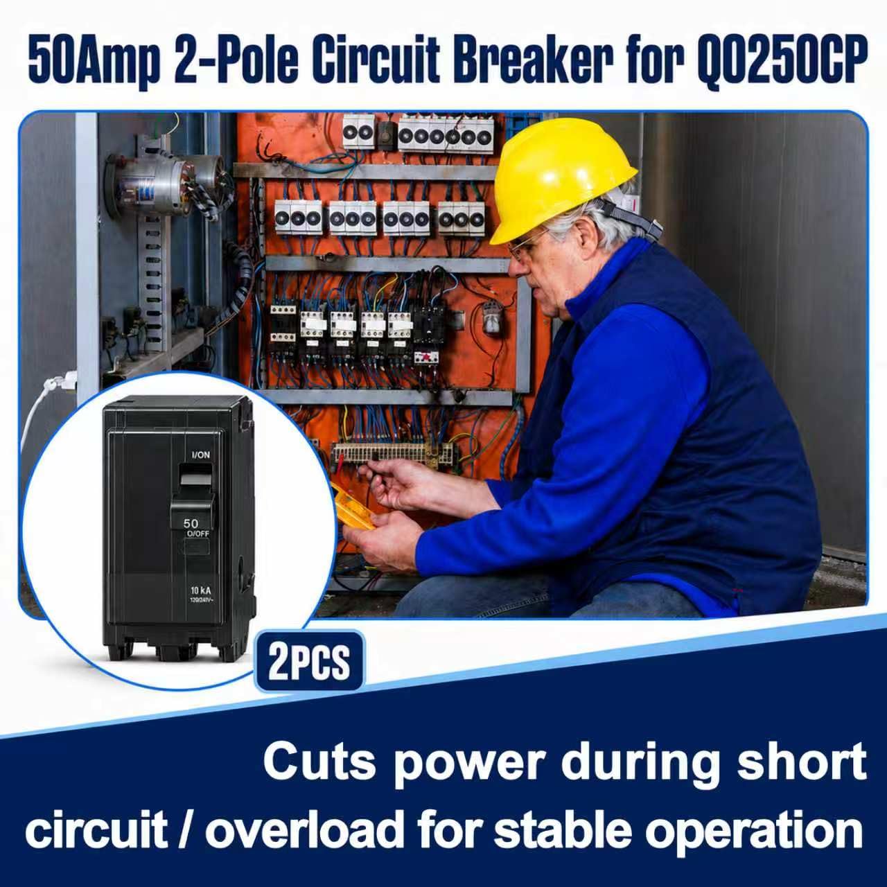 2 Pcs 50Amp 2-Pole Circuit Breaker for QO250CP, Breaker 50Amp for QO250 for Square D QO Load Centers, NQOD and CSEDs Panel Boards, 120/240V AC, 10kA
