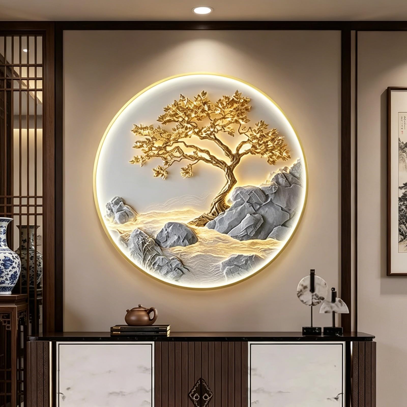 3D-Wandkunst Mit LED-Beleuchtung, Wandskulptur-Bild Mit Kristall-Porzellan-Finish Und Aluminiumrahmen, Glücksbaum-Wandleuchte Für Eingangsbereich Und Treppenhaus(B,70cm)
