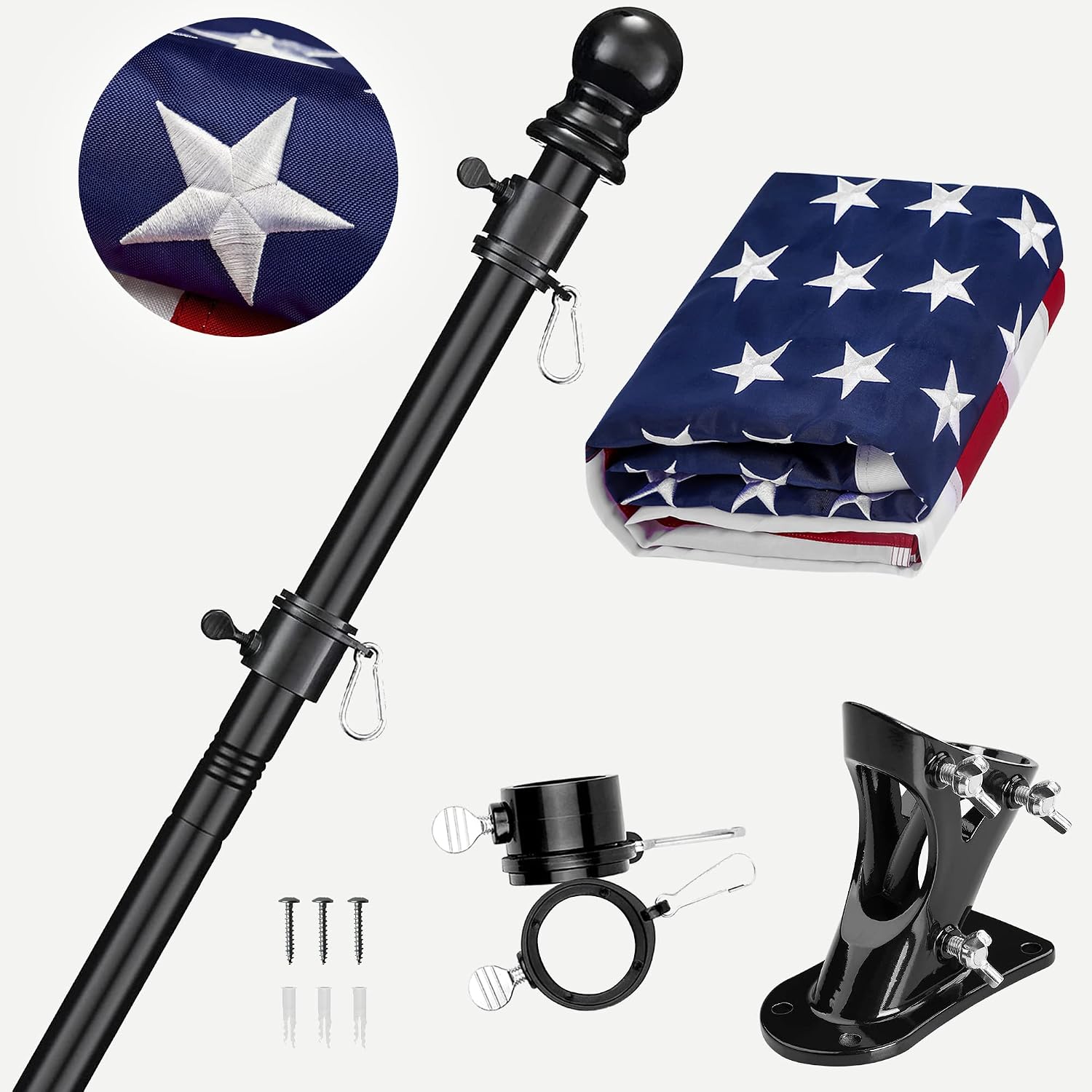 This American with Flag Pole for Outside House Flag Pole Kit, 6 FT Black Tangle Free Metal Flag Poles, 3x5 Embroidered US Flag, Holder Bracket, Strong Stainless Steel for Outside Porch, Tree, Boat