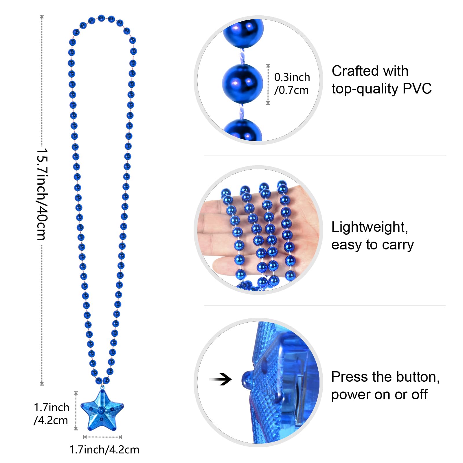 NUDALA 12 Pack Blue Glow Star Necklace Bulk Beaded Necklaces for Halloween Christmas Decorations Mardi Gras Party Favors