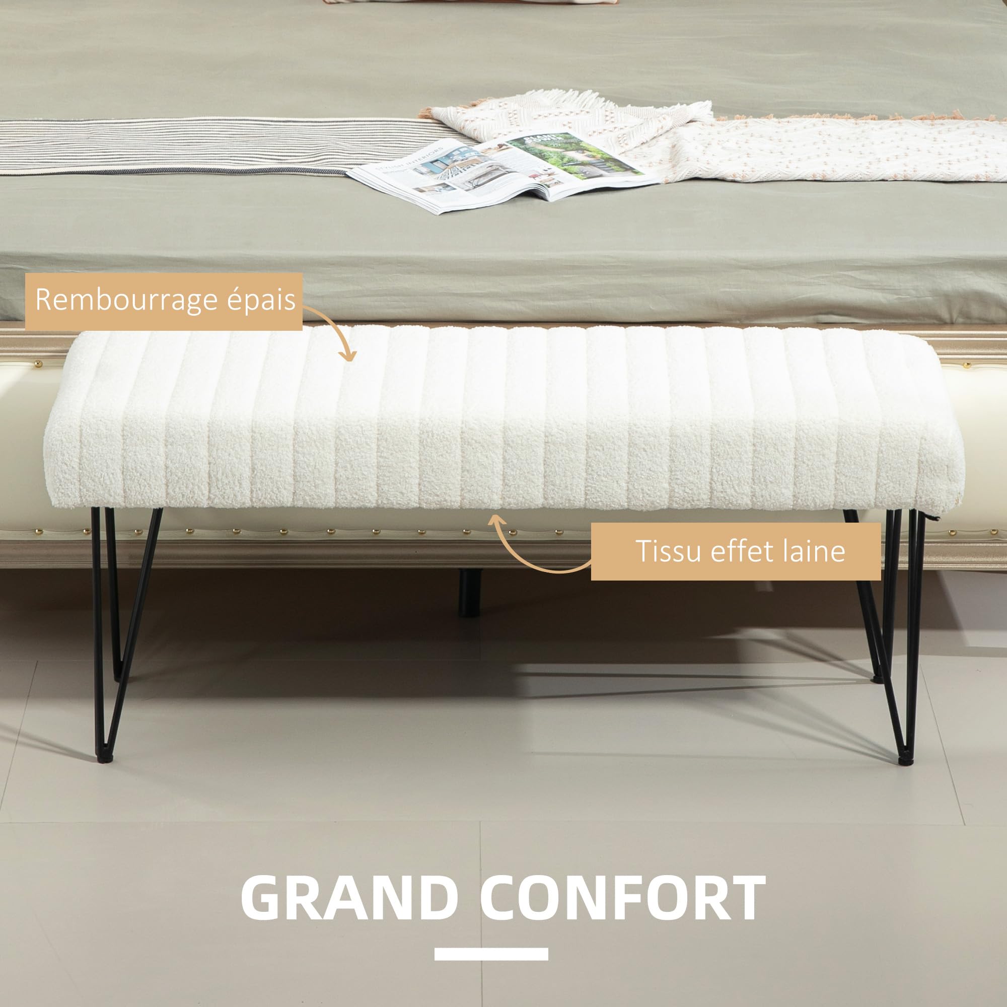 HOMCOM Banc Bout de lit Banquette en Tissu Bouclette Blanc avec Pieds épingle en métal Noir 118,5l x 46P x 49,5H cm crème