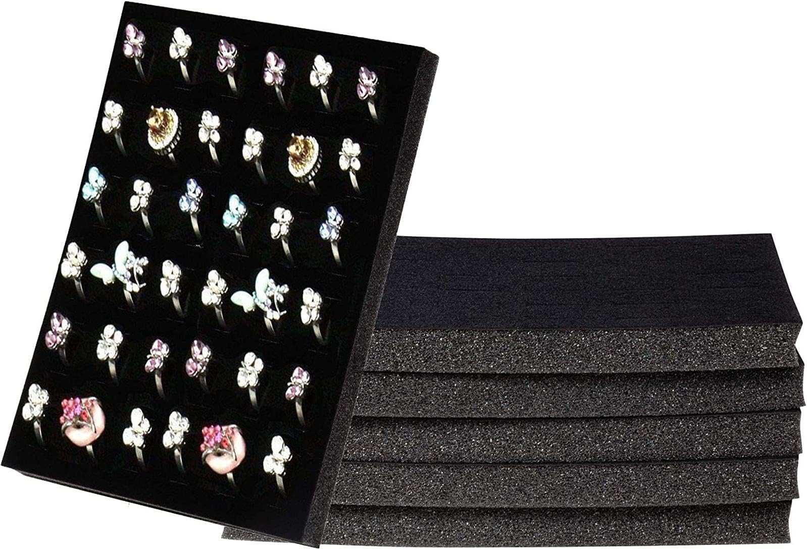 Juvale Rectangular Velvet Jewelry Foam Insert - 36-Slot Jewelry Display Tray - Plush Velvet Earring Organizer Insert - Compact Accessory Storage - 6 Pack, 7.5" x 5.5" x 0.5", Black