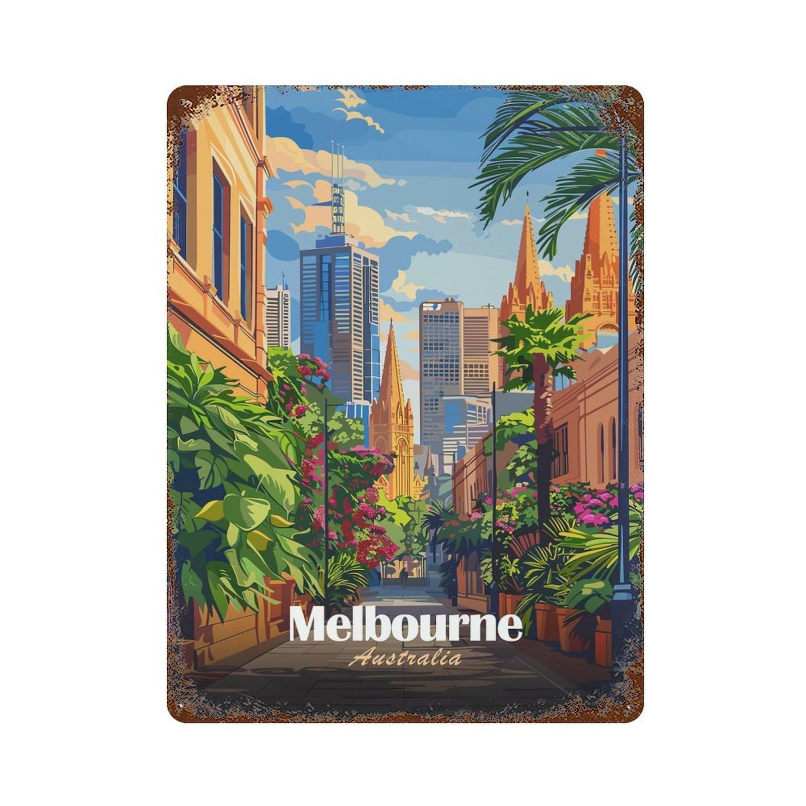 Melbourne Australia Cityscape Illustration 15.7"x11.8" Decorative Tin Sign, Rustic Home Decor for Patio, Garden Room And Bar Decor