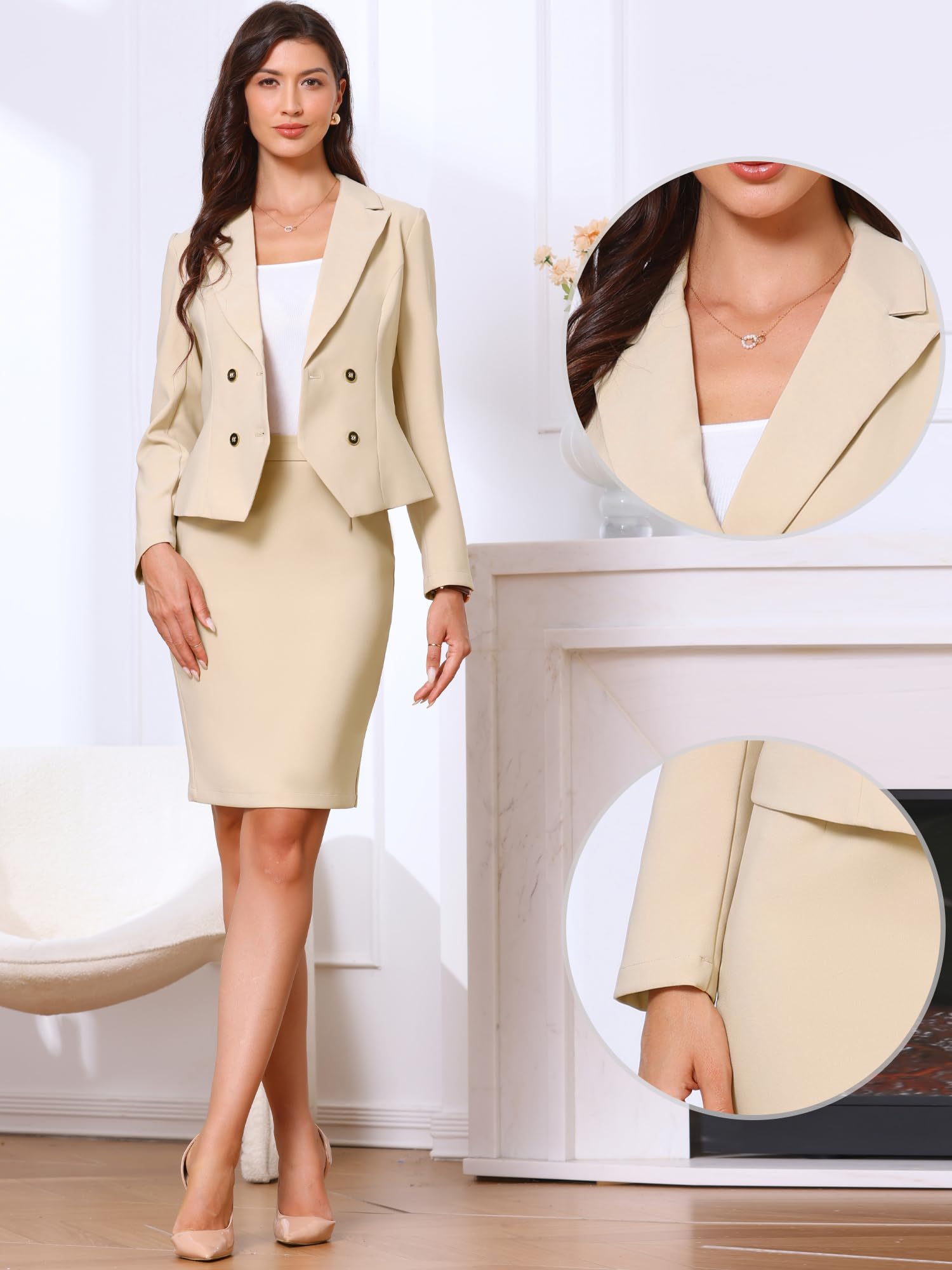 Allegra K Damen Business Anzug 2-Teilig Elegant Set Langärm Revers Formeller Büro Rockanzug