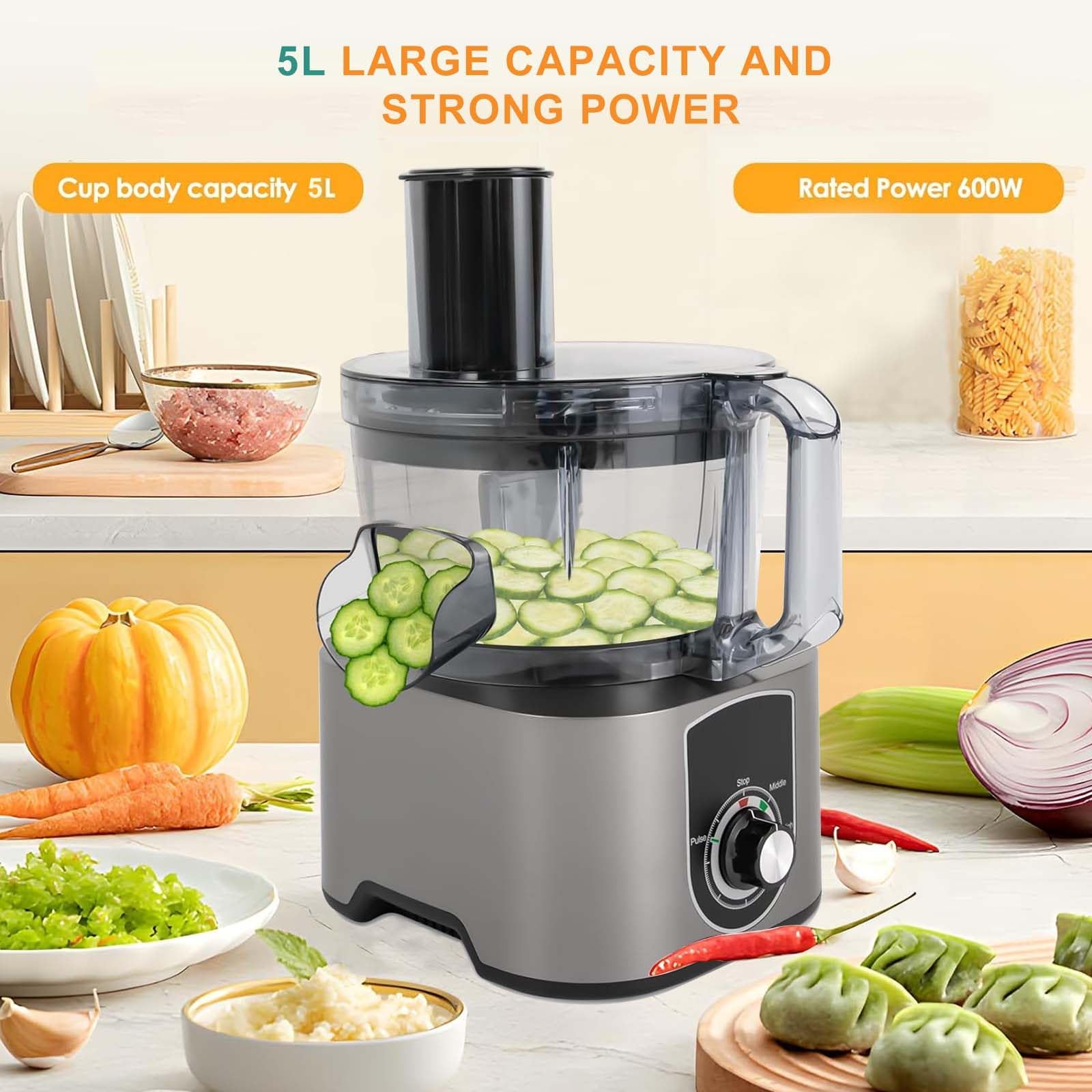 Cortador y Picador de Verduras, Máquina Eléctrica de Procesamiento de Verduras y Frutas con 2 Velocidades Ajustables, Cuchilla de Rejilla Extraíble, Bol de Trabajo de 1.32 GAL (5L) (Red)