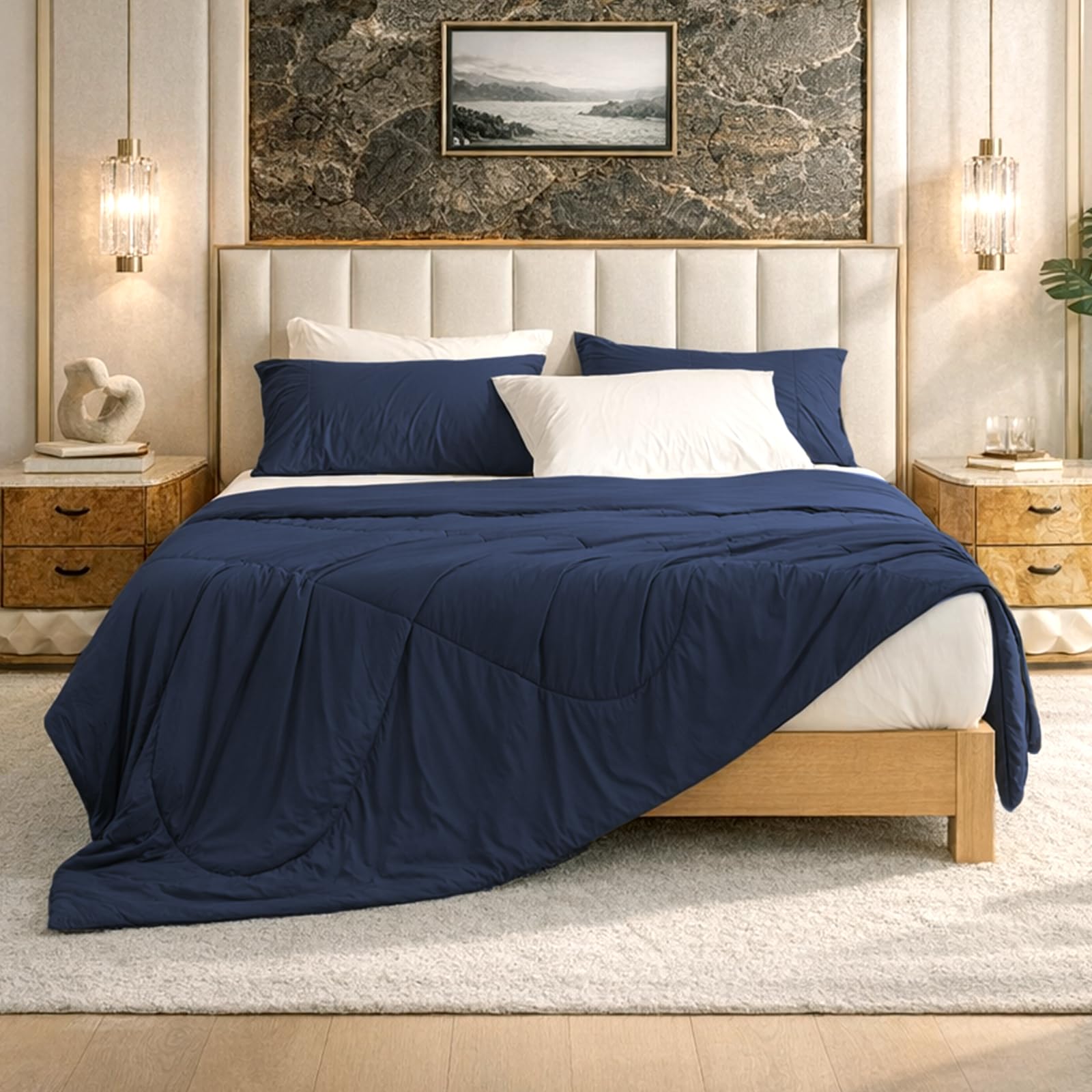 Cozy Bliss Cooling Comforter Twin Size, Cooling Blankets for Hot Sleepers and Night Sweats, Dark Blue Summer Comforter for Twin Size Bed, Breathable Soft Lightweight Silk Smooth