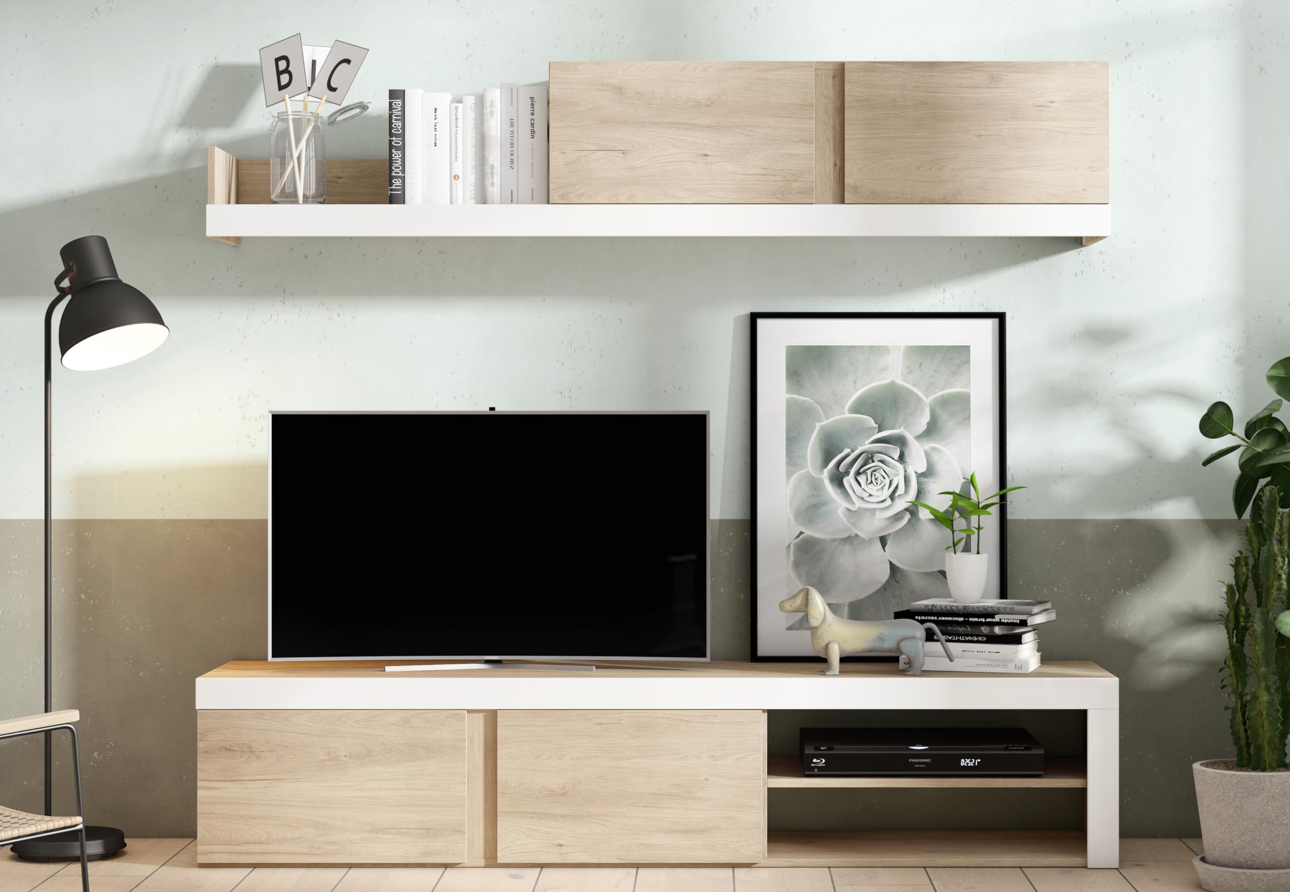 Genérico Mueble de salón Moderno Completo - Fly - 180cm - Acabado en Sahara Combinado con Blanco Mate