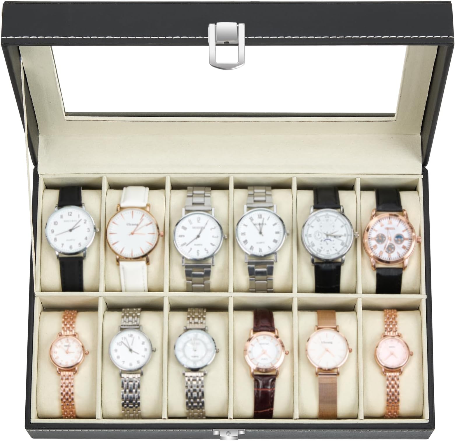 Ohuhu Watch Box with 12 Slots, Watch Case with Glass Lid, Watch Holder with Removable Velvet Pillows, PU Leather, Metal Clasp, Gift Idea for Birthday Valentine's Day