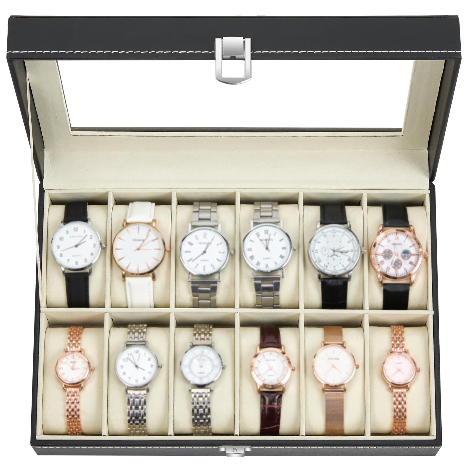 Ohuhu Watch Box with 12 Slots, Watch Case with Glass Lid, Watch Holder with Removable Velvet Pillows, PU Leather, Metal Clasp, Gift Idea for Birthday Christmas